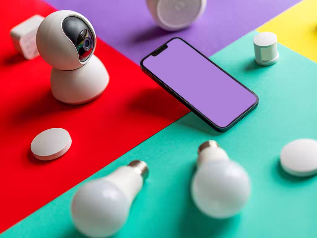 A modern smart home setup featuring a white surveillance camera, a smartphone with a violet screen, alongside white smart bulbs and mini wireless smart switches, all arranged on a vibrant geometric background of red, green, and purple sections, symbolizing IoT and smart home solutions available in Malaysia and Singapore by habithacks.