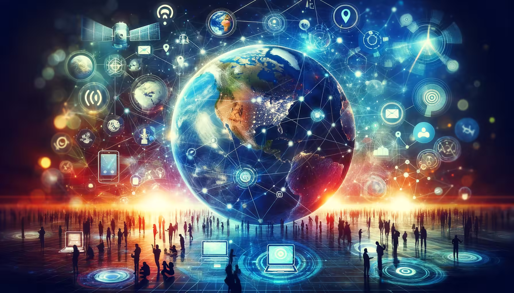A visually compelling digital montage that encapsulates the essence of IoT and smart home technology, highlighting a rich network of connectivity. Central to the image is a detailed, holograph-like globe with a focus on North America, intertwined with vibrant icons and symbols such as Wi-Fi signals, satellites, smartphones, and laptops. These elements are representative of the innovative services and smart home solutions offered by Habithacks, targeting consumers in Malaysia and Singapore seeking to advance their living spaces into interconnected smart homes.